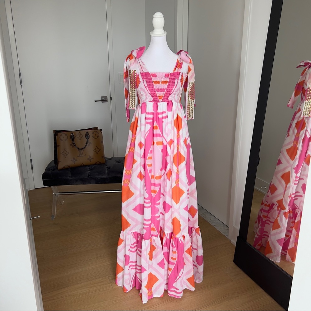 Sheridan French Kelly Tiered Maxi Dress In Bubblegum Pink & Orange Size Small
